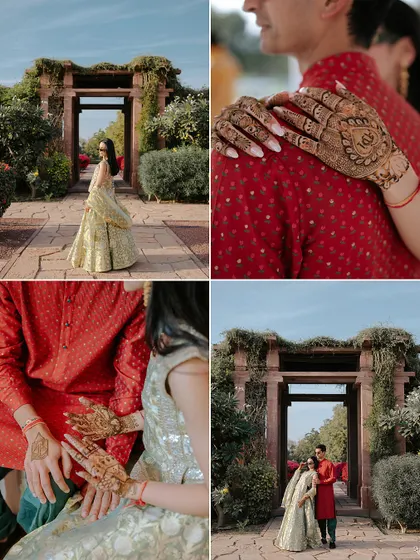 A collage from the Mehendi ceremony at Umaid Bhawan, showing the bride's portrait, henna details, and romantic moments with the groom.