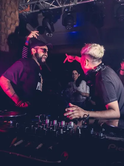 Sharing a moment with Ankytrixx before our B2B set. There's a great sense of camaraderie and excitement before we hit the decks together.