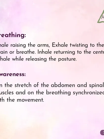 When practicing Kati Chakrasana, be aware of the stretch in the abdomen and spinal muscles, and synchronize your breath with the twisting movement.