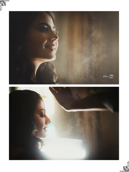 An artistic collage of the bride getting her makeup setting spray. The backlighting creates a misty, ethereal effect, turning a simple moment into art.