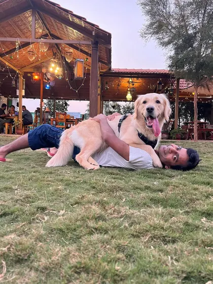 A guest enjoying a moment of connection with a happy, tongue-out Golden Retriever on our lawn during the evening.