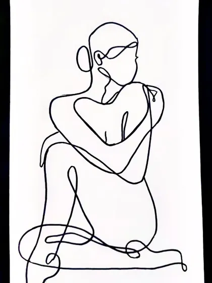 This one-line drawing depicts a seated figure in a moment of quiet contemplation. The unbroken line flows to create a sense of harmony and completeness in the form.