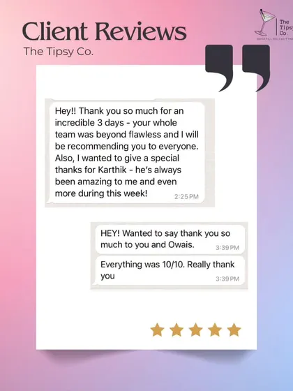 "Your whole team was beyond flawless and I will be recommending you to everyone." This 10/10 review after a 3-day event is a testament to our team's consistency and hard work.