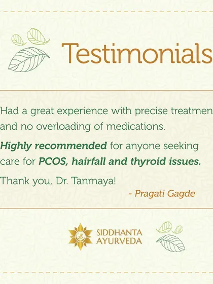 This testimonial from Pragati Gagde is a wonderful endorsement of my work with PCOS, hairfall, and thyroid issues. I always aim for precise treatment without overloading patients with medications.