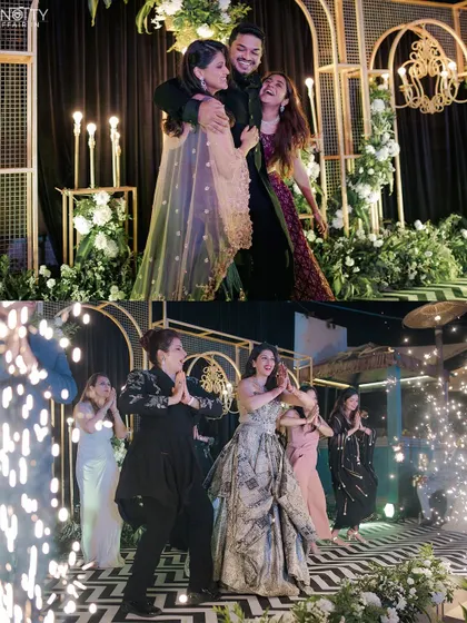 The energy of the Sangeet performances, with the couple dancing with family and friends under stage lights and cold pyrotechnics.