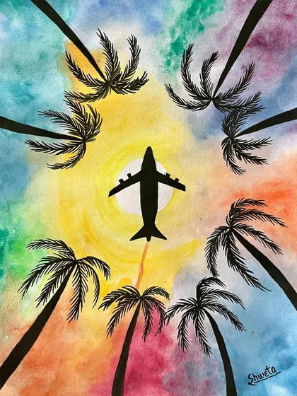 This watercolor painting captures the feeling of wanderlust. The silhouette of the airplane against a colorful sky and palm trees evokes the excitement of travel.