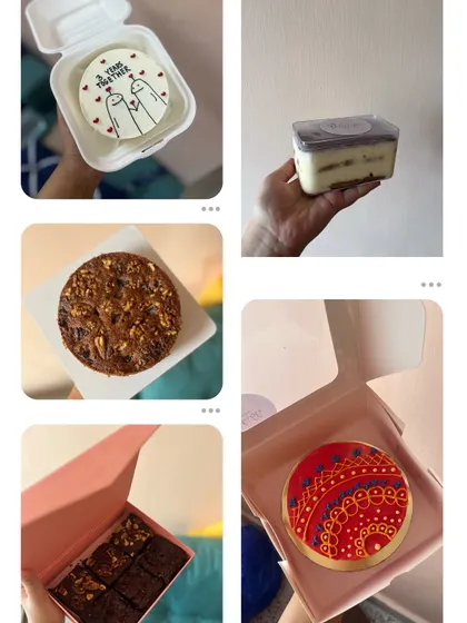 A little collage of some of my favorite bakes. It features a cute bento cake, a tub of tiramisu, a walnut tea cake, a box of brownies, and a hand-painted bento cake for Diwali.