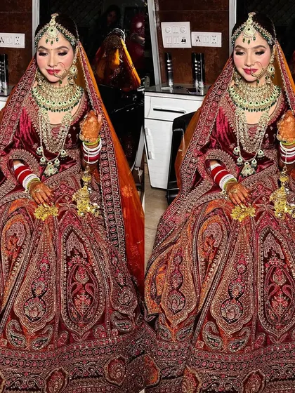 A stunning bride ready for her big day. The makeup is rich and traditional, with deep colors that photograph beautifully.