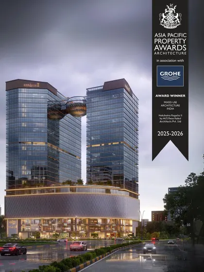The official award graphic for Nakshatra Regalia II from the Asia Pacific Property Awards. This recognition for Best Mixed Use Architecture in India affirms my team's dedication to architectural excellence.