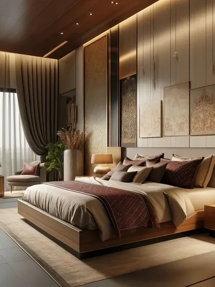 This bedroom exudes opulence with its rich wood tones, metallic accents, and layered textures. The high-panelled wall behind the bed adds a sense of grandeur and sophistication.