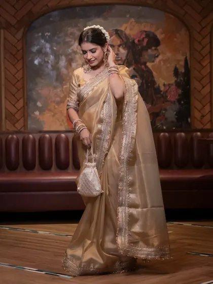 The beautiful drape of the saree and the elegant pose capture the essence of old-world Bollywood glamour.