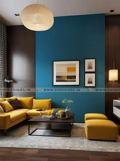 We used a daring color combination of mustard yellow and teal blue in this living room to create a vibrant and stylish ambiance. The dark wood panels and flooring provide a rich, warm base that balances the bold colors perfectly.