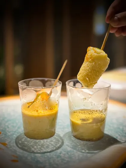 My Kulfi Idli is a fun and unique appetizer. Soft, mini idlis are served on a stick, perfect for dipping into a creamy, tangy sauce that's reminiscent of kulfi.