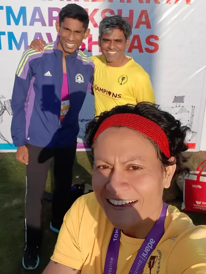 A selfie with my amazing athlete friends at the Adani Ahmedabad Marathon. It's a joy to race alongside such talented and dedicated runners.