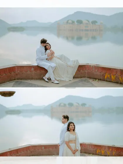 Nischal and Adithi sharing a quiet moment at Jal Mahal, with the Water Palace creating a dreamy and picturesque background.