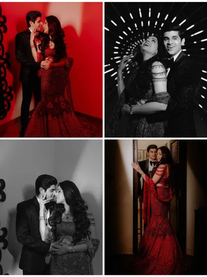 A creative four-part collage from a cocktail party. It combines color and black-and-white shots to tell a story of romance and celebration, highlighting different intimate moments.