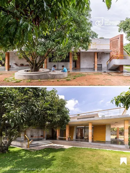Two perspectives of the "Aamra" residence, highlighting the L-shaped plan and its relationship with the mature mango trees on the site. The design carefully preserves the existing landscape, building around it.