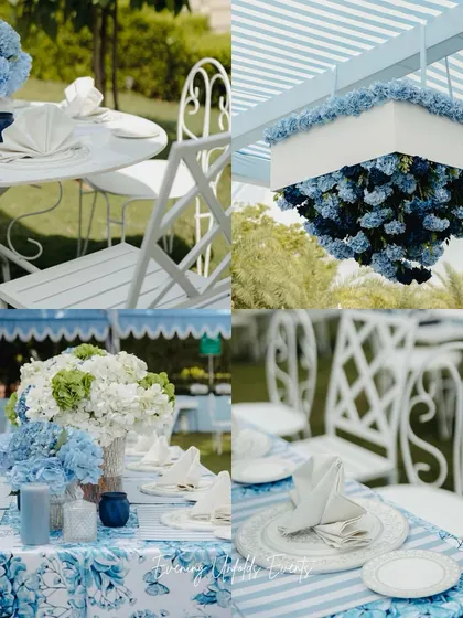 A collage showcasing the key details of the Dior-themed event. From the hanging floral installations to the custom chairs and intricate table settings, every element was designed to reflect the elegance of the iconic brand.