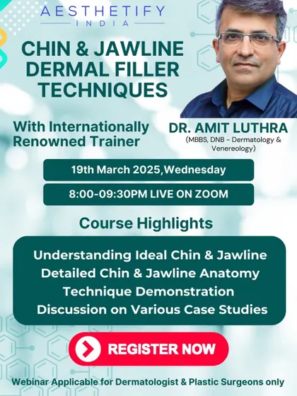 Announcing a live Zoom webinar on chin and jawline dermal filler techniques. The course covers anatomy, technique demonstration, and a review of various case studies.
