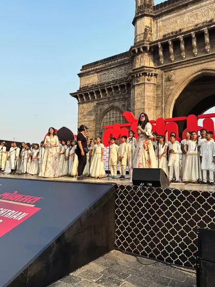 Our students on stage at the Gateway of India. Opportunities like these are invaluable for building their confidence and giving them exposure.