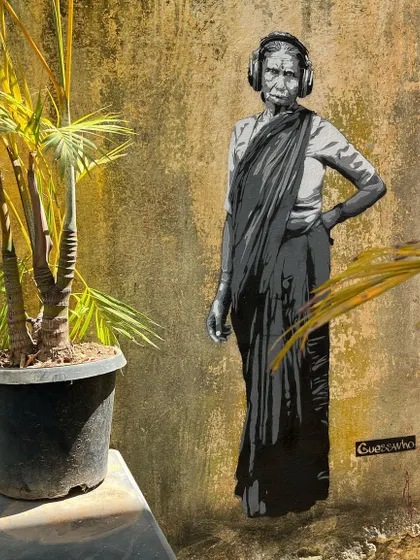 We were thrilled to discover this graffiti piece by the anonymous street artist 'Guesswho' on our wall one morning. It adds to the unique, artistic character of our front yard.