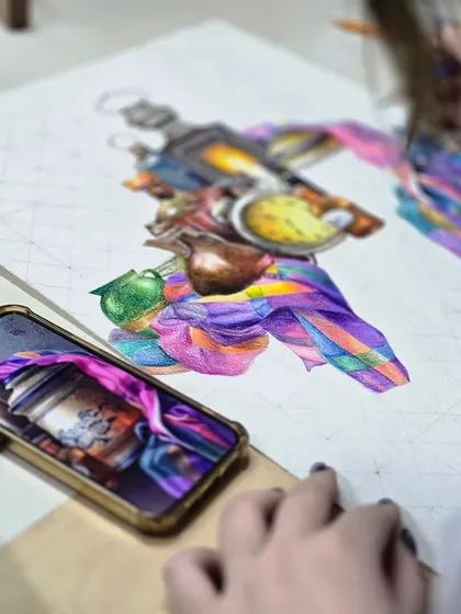 Another angle of the colored pencil still life, showing the intricate details and vibrant colors being layered to create a realistic and dynamic image.