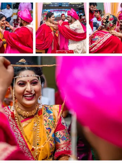 A collage of joyful moments from a Marathi wedding ceremony, showing the fun and emotion during the rituals, including the exchange of garlands.