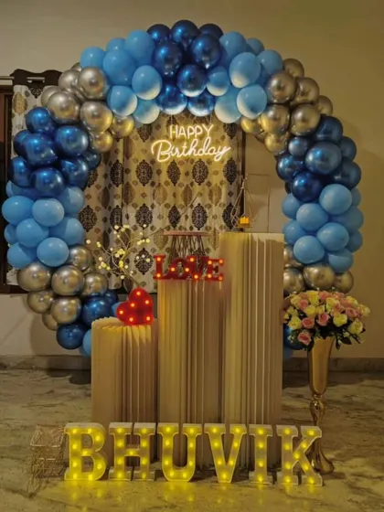 A simple and elegant home birthday decoration in shades of blue and silver. This is a great example of how we can create a beautiful setup in a compact space.