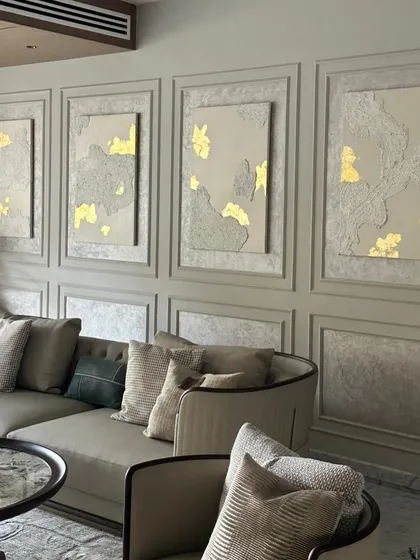 A little bit of shine can transform a piece. This triptych combines rough, sculptural texture with delicate 24ct gold leaf, creating a luxurious and elegant art installation for a client's living room in Mumbai.