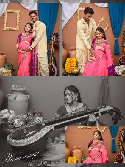 A collage showcasing our "Veena concept" within the traditional theme. It combines color and black-and-white shots to create a beautiful narrative, highlighting both couple portraits and solo moments with the classic instrument.