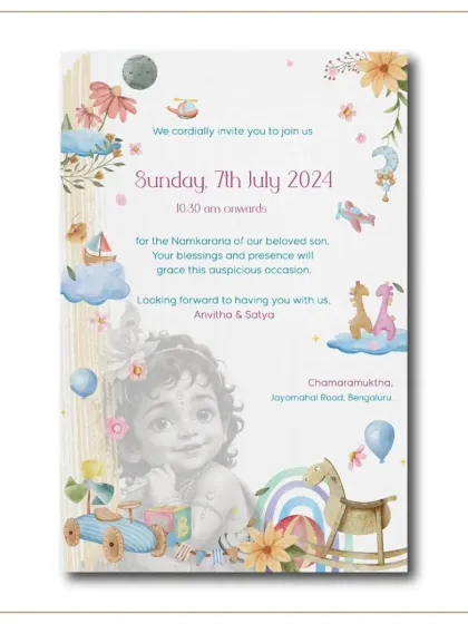 A naming ceremony invitation that blends traditional and playful elements. It features a beautiful illustration of baby Krishna alongside classic baby toys, all in a soft, dreamy color palette.