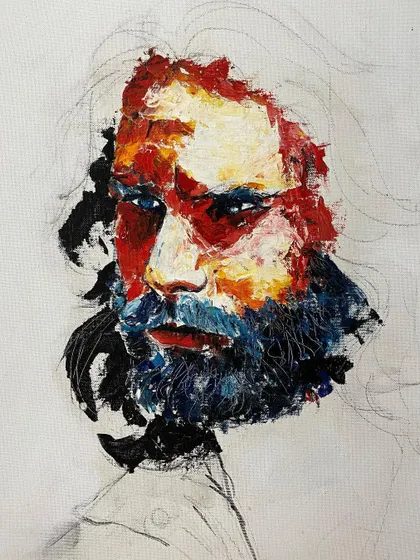 The beginning stages of a portrait. The raw energy of the initial sketch and color blocking is something I try to preserve in the final piece.