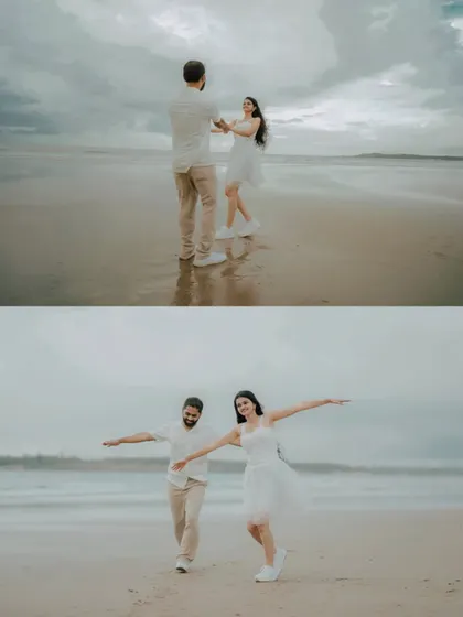 A collage showing a couple dancing and walking freely on the beach. This captures the carefree spirit of Pragati and Swapnil's seaside pre-wedding shoot.