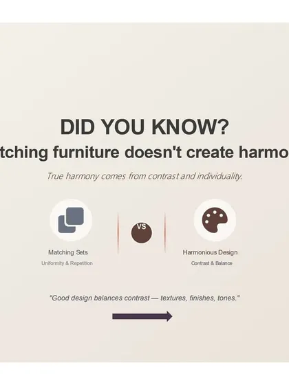 Did you know matching furniture doesn't create harmony? True harmony comes from contrast and individuality. This infographic explains how we use a balance of textures, finishes, and tones to create a curated feel.