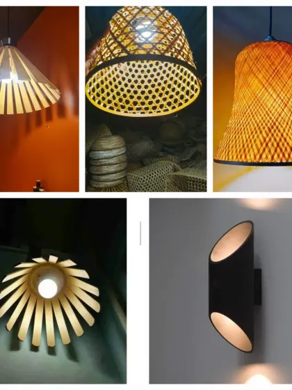 Our lighting collection features diverse shapes and weaving techniques. This collage displays a range of our bamboo and rattan lampshades, from conical and bell-shaped to floral-inspired and modern cylindrical designs, proving that sustainable can be stylish.