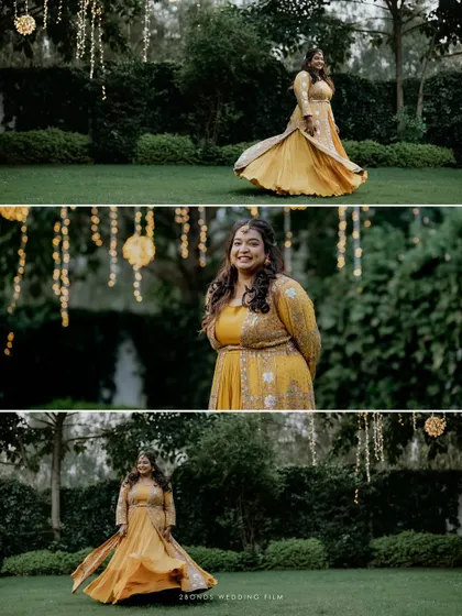 A collage showing the bride twirling and posing in her beautiful yellow Haldi outfit in a lovely garden setting.