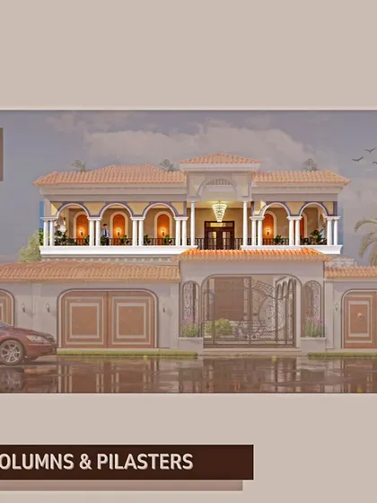 An educational graphic explaining the use of "Columns & Pilasters" in classical design, using a grand Mediterranean-style villa as an example.