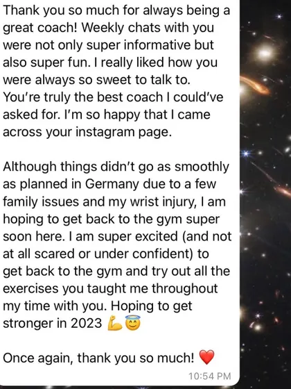 It's about more than just a plan; it's about support. This client highlights how our fun and informative weekly chats made her feel supported, and she's now excited to get back to the gym with the knowledge she gained.