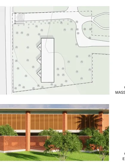 A second option for the Illuri Farms project. This design encapsulates the trees within smaller courtyards along the building's length, using CSEB interlocking bricks and reclaimed wood for an earthy aesthetic.