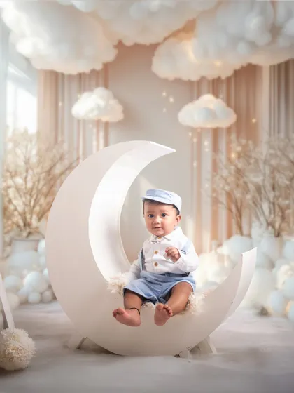 This charming baby boy is ready for an adventure on the moon. Our celestial theme, complete with soft clouds and a gentle glow, creates a magical atmosphere for milestone photos.
