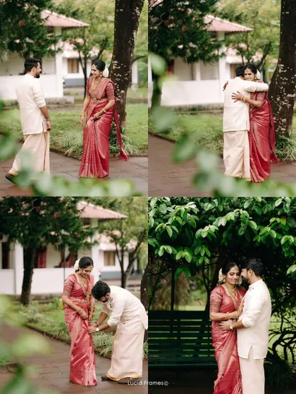 A story in four parts: the first look, the embrace, the groom helping with the saree, and a quiet moment together.