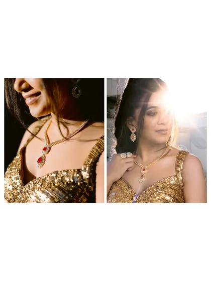 A close-up collage of the bride's golden outfit and ruby necklace, highlighting the beautiful details of her sangeet look.