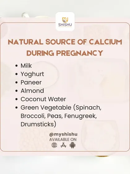 Calcium is crucial for your baby's bone development. This infographic lists excellent natural sources of calcium, including milk, yogurt, paneer, almonds, coconut water, and various green vegetables.