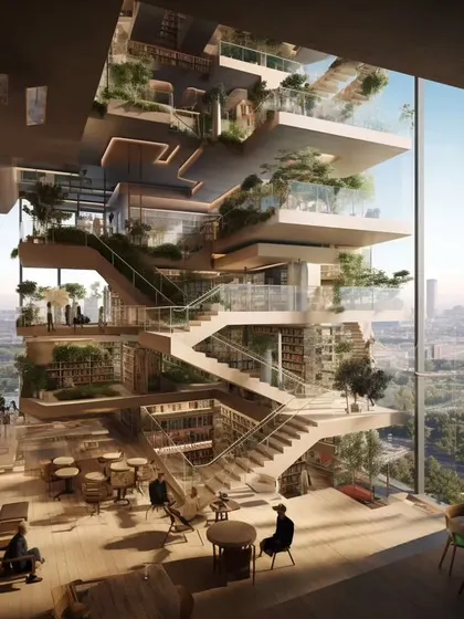 Conceptual explorations using AI for a communal library space in a student hostel. We use technology as a tool to quickly visualize and test complex ideas about multi-level, interactive spaces that are filled with light and nature.