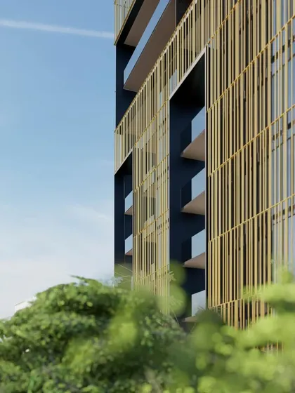 For this ultra luxury residential project in Chennai, the facade is a minimal, clean volume wrapped in a delicate layer of bronze anodized aluminum tubes. This detail shot shows the elegance and precision of the screen.