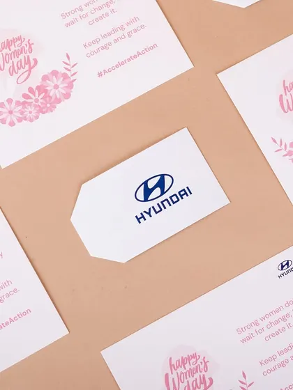 Custom note cards designed for Hyundai's Women's Day hampers. We can create personalized stationery for any occasion to match your branding and message.
