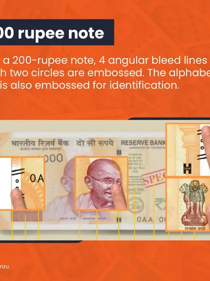 The 200-rupee note features four angular bleed lines with two circles, and the letter 'H' is also embossed for easy identification.