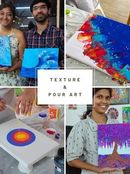 A collage featuring texture and pour art creations. See how participants use different techniques to create everything from crashing waves and colorful trees to abstract fluid designs.