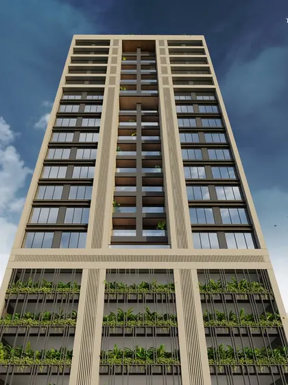 A view of the building's facade, where integrated planters and green walls introduce moments of retreat within the urban context. The landscape is not an afterthought but a defining feature woven into the architecture.
