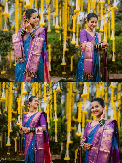 A collage of bridal portraits of Ruchi, capturing her beauty and elegance against a backdrop of hanging marigolds.